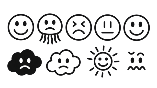 Black and white line art of various emotions and weather symbols