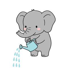 Fototapeta premium Cute Elephant Watering with a Blue Can.