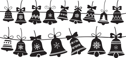 Festive black and white holiday jingle bells hanging with decorative snowflakes