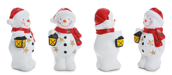 Christmas snowman figure isolated on white, collage. View from different sides