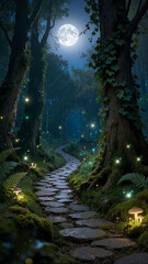 Obraz premium A winding stone path leads through a dark forest under a full moon. Soft light from glowing mushrooms and fireflies adds a magical touch to the scene. Trees frame the path filled with ferns