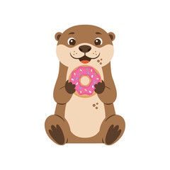 Cute Otter Holding a Pink Donut Illustration.