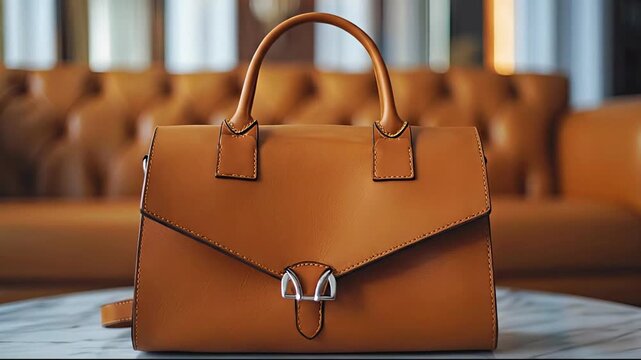 A structured light brown handbag with a top handle and a silver clasp rests on a marble table A matching-colored tufted leather sofa is blurred in the background