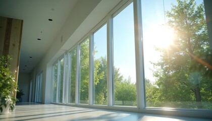 Fototapeta premium Large windows installed in building hallway allow sun light inside. Green trees visible outside through glass panels. Natural illumination brightens modern architecture interior.