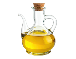 A clear glass cruet with a cork stopper, filled with golden liquid, handle, and a spout