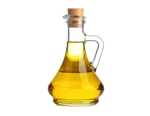 A clear glass cruet filled with golden liquid, sealed with a cork stopper, against black