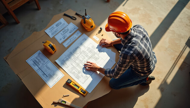 Construction worker kneels on concrete floor, studying architectural blueprints spread on large cardboard. Tools like level, tape measure nearby. Orange hard hat sits beside him. Sunlight streams in. - Powered by Adobe