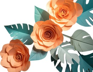 Close-up of handmade paper flowers, featuring coral roses and teal leaves, on a black background
