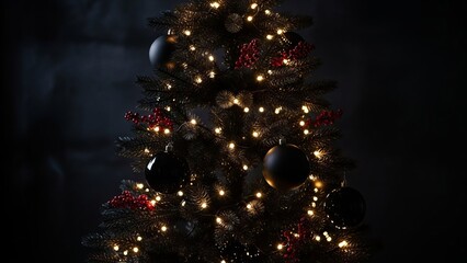 Christmas tree adorned with black ornaments and warm glowing lights stands against a dark background creating a festive holiday atmosphere perfect for seasonal greetings cards or elegant winter theme