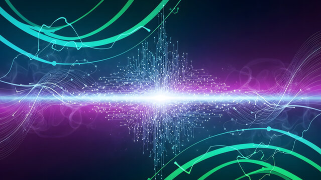 Abstract technology background with glowing lines and central light burst on dark backdrop - Powered by Adobe