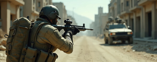 Naklejka premium Soldier in tactical gear and helmet stands on dusty road holding rifle. Armed vehicle moves down street in war-torn city. Military operation in urban area with damaged buildings.