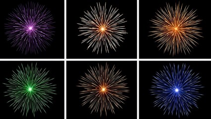Six colorful fireworks explosions in a dark night sky montage