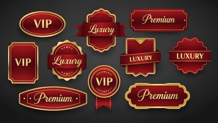 Collection of luxurious red and gold premium and vip badges and labels