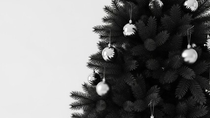 Christmas tree stands tall with its black branches and silver ornaments creating an elegant and minimalist holiday scene perfect for festive backgrounds or modern seasonal designs.