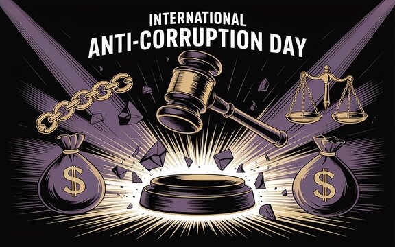 International Anti-Corruption Day, Powerful gavel smashing corruption with explosive justice symbolism.