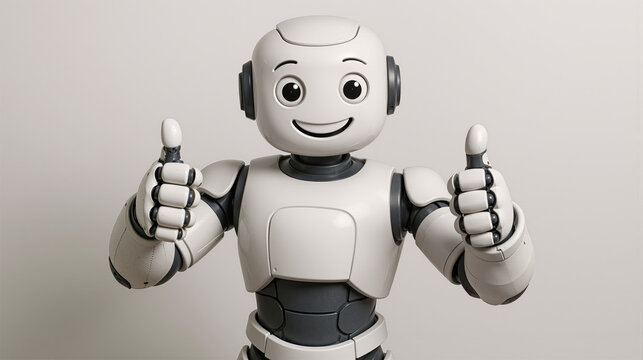 A robot stands in a well-lit indoor space, showing a friendly expression and giving a thumbs up with both hands. The setting appears simple and clean, without distractions