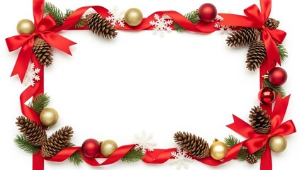 Christmas frame features red ribbon pine cones gold and red ornaments and snowflakes arranged on a white background creating a festive holiday border perfect for invitations cards or seasonal designs.