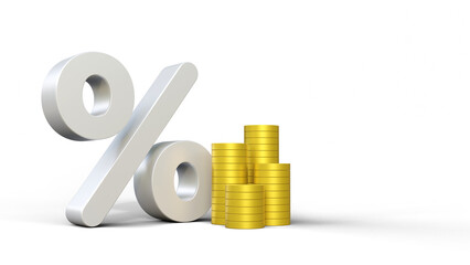 Percent icon with gold coins on a isolated background. Financial and investment growth. Money increasing. Saving money wealth and business financial concept. Cashback or income concept.
