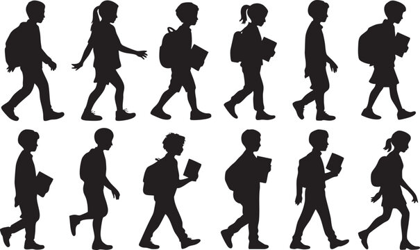 Silhouettes of children walking going to school or learning in class