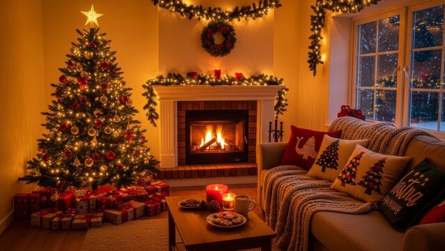 Christmas living room features a decorated tree with presents fireplace mantel and cozy sofa creating a warm and inviting holiday atmosphere perfect for family gatherings and celebrating the festive - Powered by Adobe