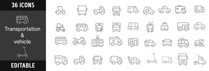 Transport icons set. Includes icons for car, truck, train, airplane, ship, road, delivery, logistics, and travel.
