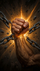A strong hand grips and breaks chains with visible energy and sparks. The background shows dark colors mixing with bright light, creating a sense of strength and force