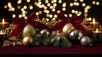Christmas ornaments with elegant red bows and glowing candles create a festive holiday scene evoking warmth and cheer perfect for seasonal greetings cards or adding a touch of classic holiday spirit.