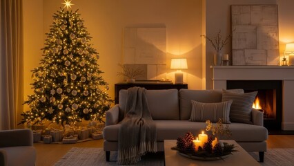 Naklejka premium Christmas tree stands brightly lit in a comfortable living room with a crackling fireplace creating a peaceful and inviting holiday scene perfect for family gatherings and celebrating the season.