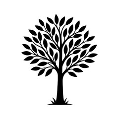 Black tree silhouette with dense leaf crown in decorative vector style