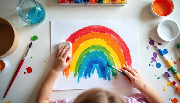 Child draws colorful rainbow on paper. Young artist uses brush and sponge for artwork. Cute girl enjoys creative art. Concept of preschool activity and fun leisure. Paints and art tools on table.