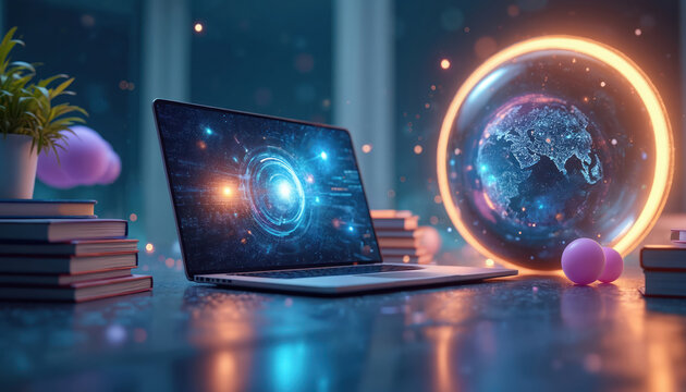 Laptop displays futuristic data, digital world map. High tech interior shows creative workspace, global network. Modern office design with globe symbol, books and plants.