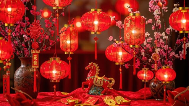 Vibrant red chinese lanterns and festive decorations for lunar new year celebrations