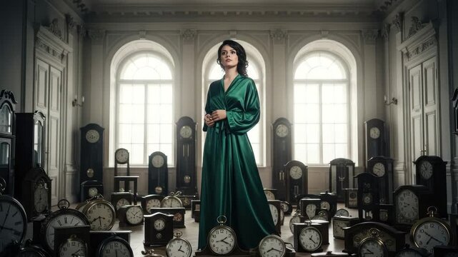 A woman in a green dress poses among many clocks in a bright room with large windows