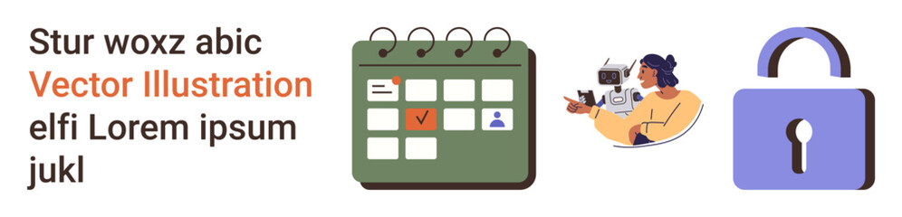 Security, organization, online collaboration, data privacy, scheduling, productivity. A calendar marked with events, person communicating online and a secure lock icon. Security and organization