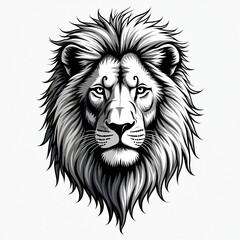 Fototapeta premium Monochrome lion head illustration with detailed mane. Fine black lines and grey shading create a powerful animal portrait. Simple graphic depicts wild king of jungle.