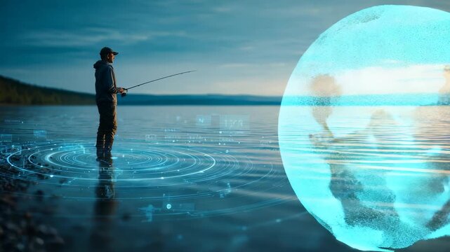 Fisherman enjoys a tranquil morning by the lake, surrounded by virtual data visualizations enhancing the fishing experience. The serene landscape merges with innovative digital elements