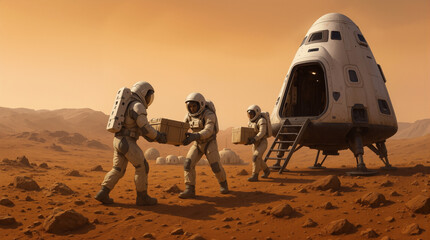 Three astronauts in space suits move boxes from a spacecraft on Mars. The reddish landscape shows rocks and distant mountains. The scene shows the activity of a space mission on another planet