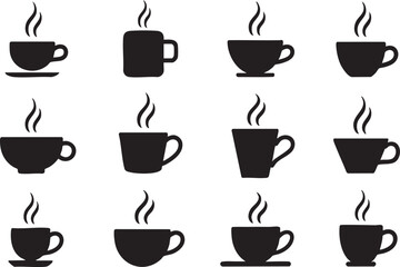 Various silhouettes of hot coffee or tea cups steaming illustration