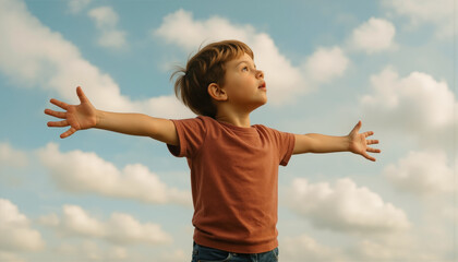 A young child stands outside with arms wide open, looking at the sky. The child appears joyful while clouds float above in a bright blue sky. It is a sunny day with a clear view