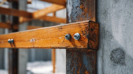 Close-up of Wooden Beam Secured to Metal Post with Bolts.