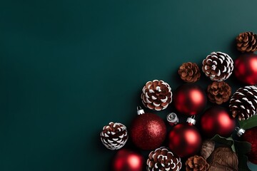 christmas decoration on black background Merry Christmas and Happy Holidays greeting card, frame, banner. New Year. Noel. Red and white Christmas decorations and g top view. Winter xmas holiday celebr