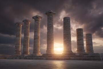 Naklejka premium Ancient Columns at Sunset - A Majestic Architectural Landscape.