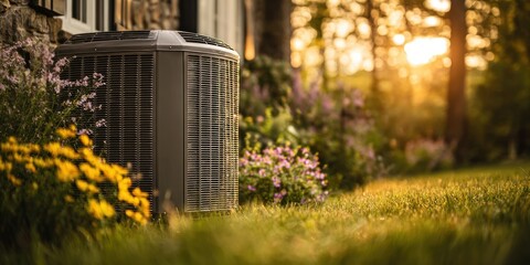 Air conditioning unit in a lush green garden at sunset.
