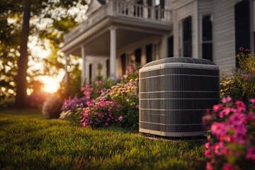 Air Conditioning Unit in a Beautiful Garden Setting at Sunset.