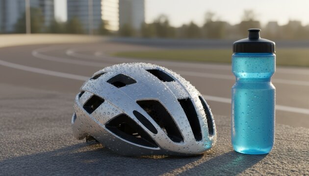 Bicycle Helmet and Water Bottle with Water Droplets