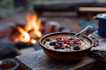 Cozy Campfire Breakfast - Oatmeal with Berries and Nuts.