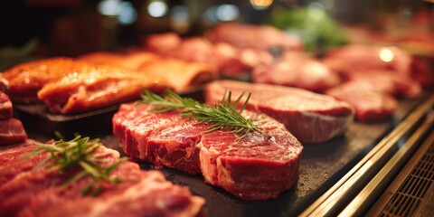 Close-up of Fresh Raw Beef Steaks with Rosemary Sprigs.