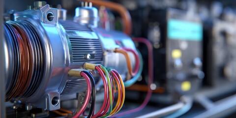 Close-up of Industrial Equipment with Wires and Metallic Components.