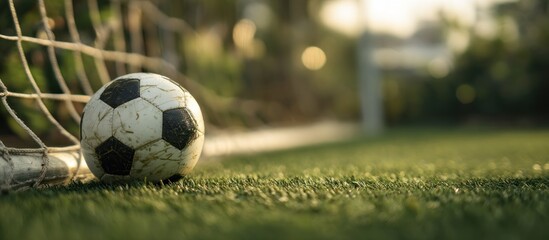 Soccer Ball Resting Against Net on Green Field in Sunlight.