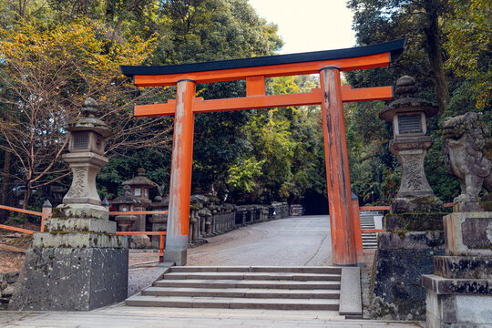 Ancient Torii Gate at Kasuga Taisha Pathway in Nara, Japan